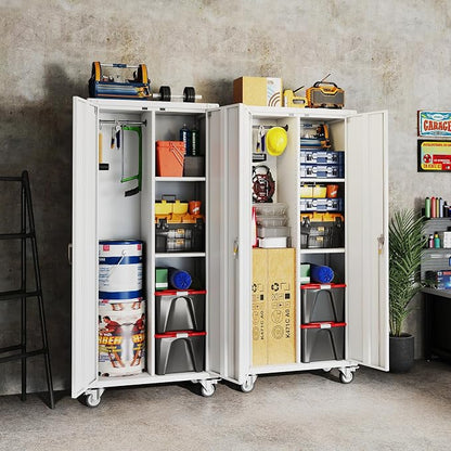 DUMOS 72" Metal Garage Storage Cabinet with Wheels, Tall Rolling Steel Tool Organizer with Adjustable Shelves and Locking Doors, Lockable File Cabinet for Garage, Home, Office, Warehouse, White