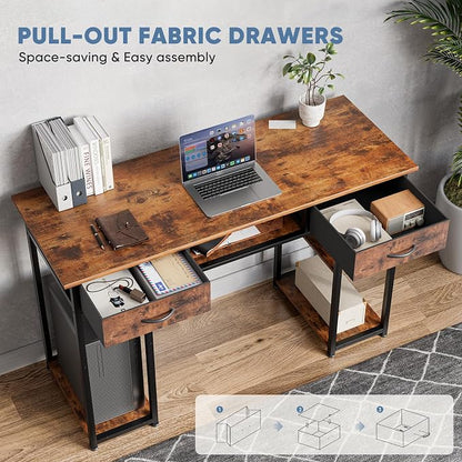 DUMOS 48" Small Computer Home Office Desk for Bedroom with Drawers, Gaming Writing Study Table with Storage Shelf, Adjustable Feet, Metal Frame Natural Brown