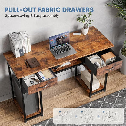 48" Small Gaming Desk with Drawers, Home Office Computer Writing Study Table with Storage Side Bag, Headphone Hook, and Adjustable Feet for Bedroom, Brown