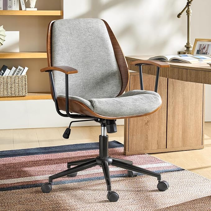 Modern Ergonomic Office Chair with Wood Frame & Metal Base, Swivel Home Office Desk Chairs with Adjustable Height, Comfy Upholstered Computer Chair, Grey