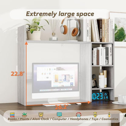 FTZxHKLX Desktop Bookshelf, Wooden Desk Hutch for Computer Monitor Up to 27'' with 3 Open Storage Shelves, Large 4-Tier Desk Organizer for Dorm Office Home, Wash Grey