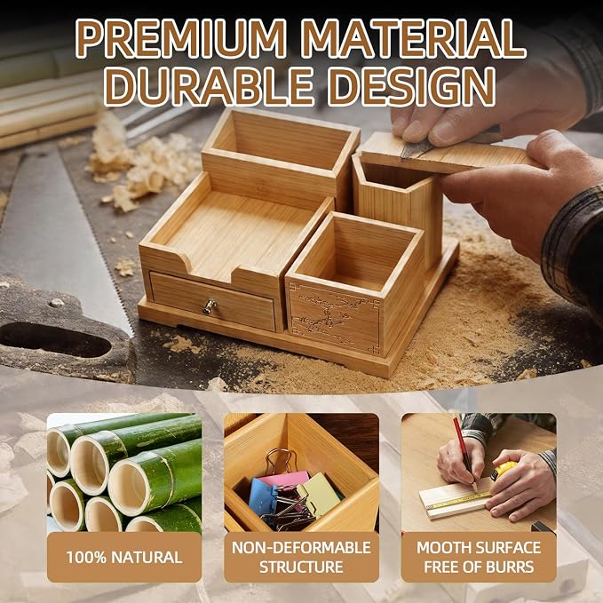 Bamboo Desk Organizer with Drawer, Pen Holder & Business Card Slot, Multi-Compartment Storage Caddy for Office & Home Office, Ideal for Pens, Sticky Notes, Clips, (Bamboo natural)