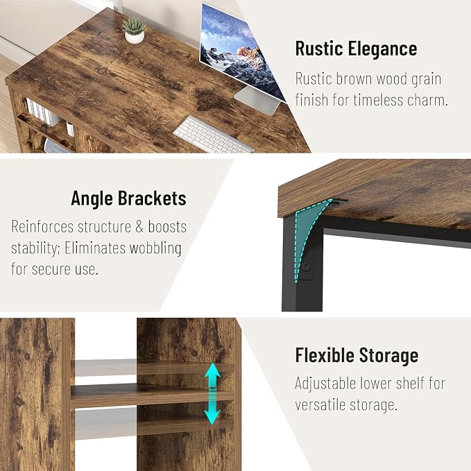 EXCEFUR Computer Desk for Home Office, Modern Writing Desk with Reversible Storage Shelves, Wood and Metal Gaming Study Table Workstations, 53 Inch, Rustic Brown
