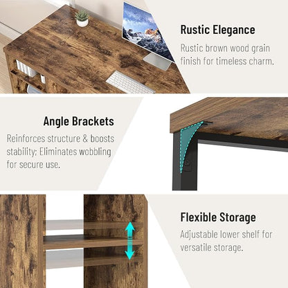 EXCEFUR Computer Desk for Home Office, Modern Writing Desk with Reversible Storage Shelves, Wood and Metal Gaming Study Table Workstations, 53 Inch, Rustic Brown