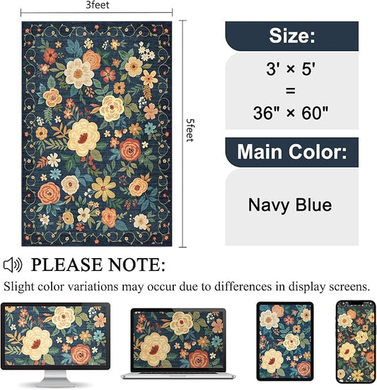 DUKINO 3x5 Area Rug, Floral Rugs for Living Room, Lightweight Non Slip Washable Rug, Indoor Low Pile & Non-Shedding Boho Design Rugs for Bedroom, Living Room, Dining Room, Dark Blue
