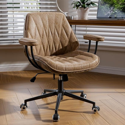 Office Desk Chair with Rubber Casters and Padded Arms, Premium Camel Brown Faux Leather Computer Chair, Height Adjustable Vintage Rolling Swivel Executive Task Chair for Home Office
