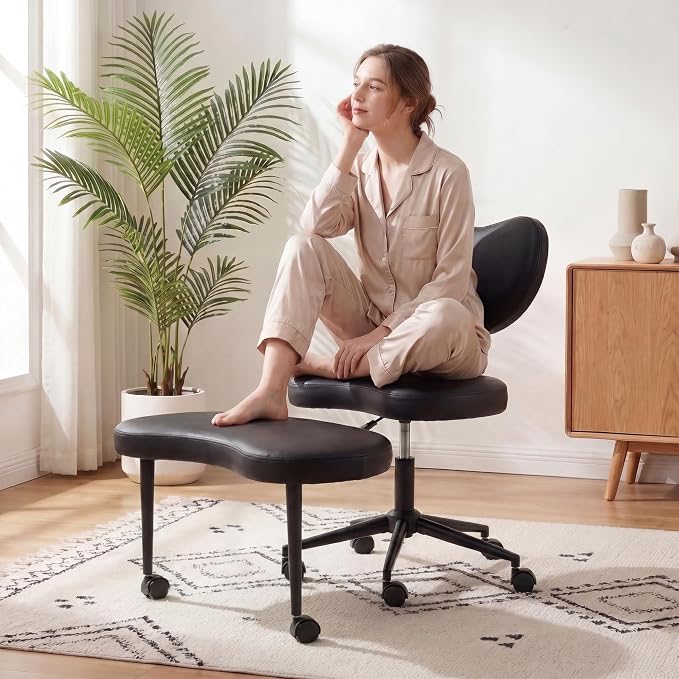 Cross Legged Office Chair, 360° Swivel Yoga Meditation Chair, Ergonomic Height Adjustable ADHD Criss Cross Office Chair with Wheels, Lumbar Support for Home Office, Black