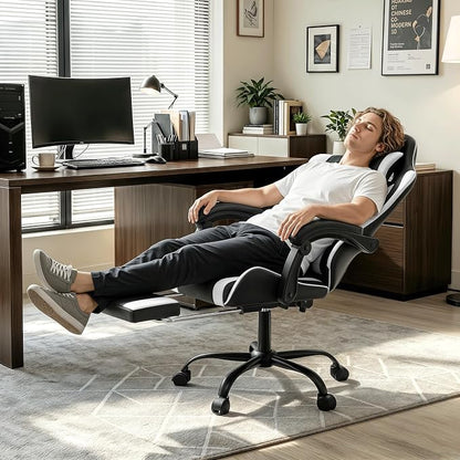 Gaming Chair with Footrest, Ergonomic Computer Gaming Desk Chair with Lumbar Support & Headrest, Adjustable High Back PU Leather Office Chair, Swivel Racing Style Gamer Chair, Black/White