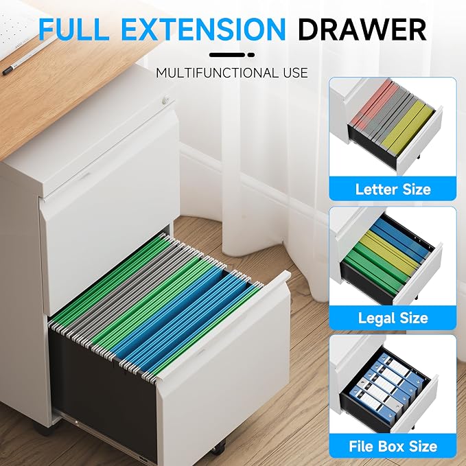 Bestoo Mobile File Cabinet with Lock, 2 Drawer Filing Cabinet, Under Desk Metal Rolling Filing Cabinets for Home Office, Fits Letter/Legal/A4 Size File, Easy Assembly