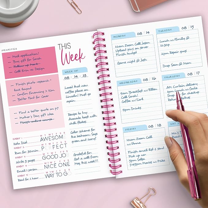 Weekly Planner Spiral Bound Notebook A5 - Undated Planner - To Do List Notebook - Habit Tracker - 52 Weeks - Daily Planner Undated for Home Work Office Business - Goal Planner - Cute Planner - Pink