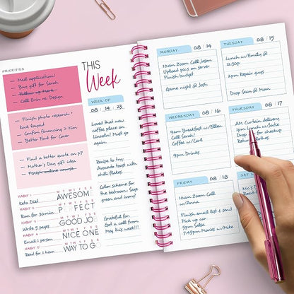 Weekly Planner Spiral Bound Notebook A5 - Undated Planner - To Do List Notebook - Habit Tracker - 52 Weeks - Daily Planner Undated for Home Work Office Business - Goal Planner - Cute Planner - Pink