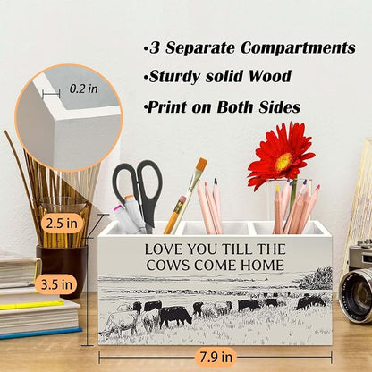 Vintage Western Cow Pen Holder for Desk, Cow Gifts for Women CowLovers Pencil Organizer, Love You Till The Cows Come Home Wooden Pen Holder Desk Accessories Decor for Home Office