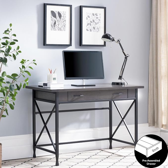 Leick Home 23400 Chisel & Forge Writing Computer Desk with Drop Front Keyboard Drawer, Smoke Gray and Matte Black