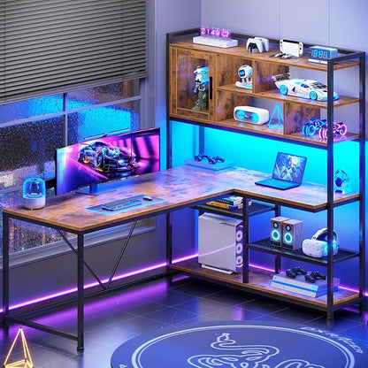 SEDETA L Shaped Computer Desk, 58'' Office Desk with LED Light and Bookshelf, L Shaped Corner Desk with Storage Shelves for Home Office, Gaming Desk, L Desk, Rustic Brown
