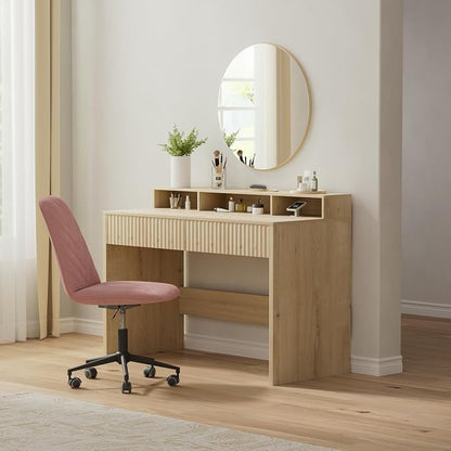 EYYTHUNG Fluted Executive Desk with Storage Shelf, 47" Modern Wood Home Office Desk with Long Monitor Stand & 2 Drawers, Writing Study Computer Table Vanity Desks, Light Oak