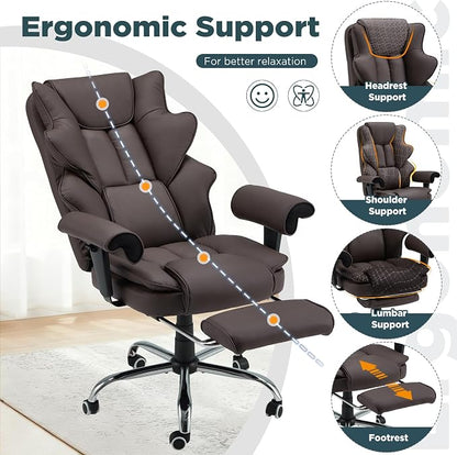 HOMREST Brown Ergonomic Office Chair | 6-Point Vibration Massage & Heat, Reclining Executive Chair, Adjustable Footrest and Armrests, PU Leather Big and Tall