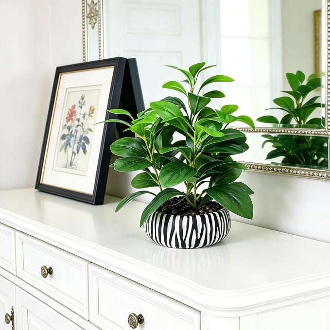 Realistic Artificial Potted Plant, Faux Indoor Greenery for Home Office Living Room Bookshelf Bathroom Decor, Low-Maintenance Space-Saving Fake Plants with Modern Decorative Vase