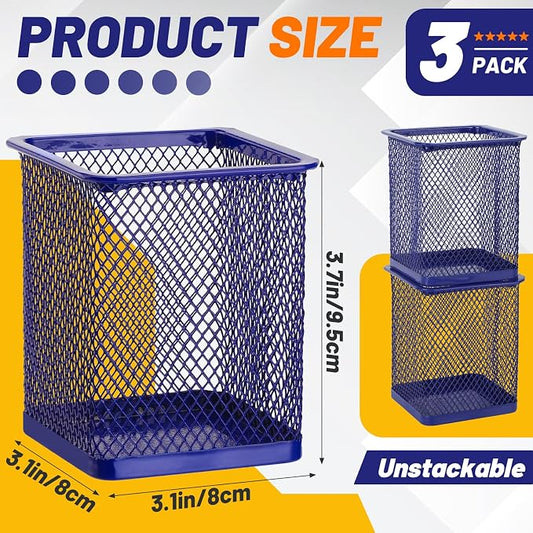 Segarty Pen Holder for Desk, 3 Pack Square Dark Blue Pen Cup Holder, Wire Mesh Pencil Container Set Desktop Organizer for Office Supplies, School, Home Table Accessories, Makeup Brush