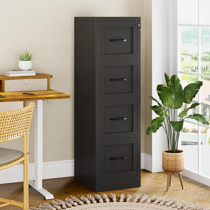 GAIOUS Metal Vertical File Cabinet with Lock, Home Office 4 Drawer Cabinet | 4 Drawer Filing Cabinet, Beside Desk File Cabinet, Black Lockable Storage Cabinet, Fits Letter/Legal/A4 Size