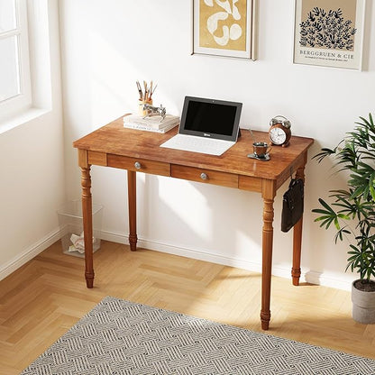 Solid Wood Writing Desk with Drawers - 39.4" Small Wood Vintage Desk, Mid Century Modern Desks, Wooden Computer Desks for Home Office, Traditional Vanity Dressing Table for Bedroom, Walnut