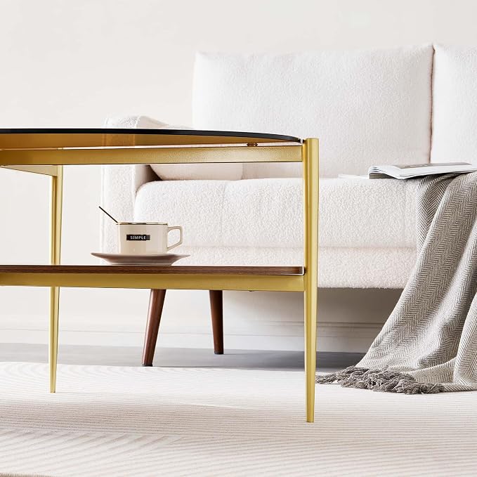 LumFurn Oval Glass Coffee Table, Mid-Century Modern Design, L43 x W22 x H17 inch, 2-Tier Structure, Olive Shaped Amber Glass Top and Walnut Finish Wood Shelf, Tapered Legs with Gold Finish Frame