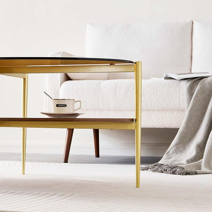 LumFurn Oval Glass Coffee Table, Mid-Century Modern Design, L43 x W22 x H17 inch, 2-Tier Structure, Olive Shaped Amber Glass Top and Walnut Finish Wood Shelf, Tapered Legs with Gold Finish Frame