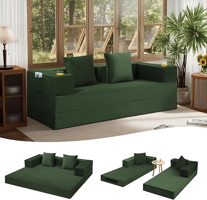 COMAX Queen Size Boneless Couch, 79" Futon Sofa Bed Couches for Living Room, 4 in 1 Convertible Sleeper Sofa Corduroy Couch Bed Foam in a Box, Foldable Cloud Couch Floor Mattress, Green