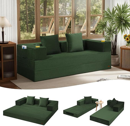 COMAX Queen Size Boneless Couch, 79" Futon Sofa Bed Couches for Living Room, 4 in 1 Convertible Sleeper Sofa Corduroy Couch Bed Foam in a Box, Foldable Cloud Couch Floor Mattress, Green