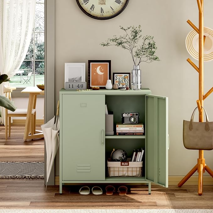 Steehoom Metal Cabinet with 2 Door, Metal Locker Storage Cabinet with Adjustable Shelves Accent Cabinet for Garage, Entryway, Office, School, Employees (Green, H35.43'')