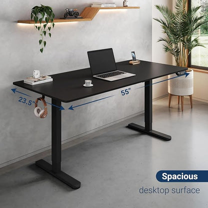 Techni Mobili 55” W Electric Standing Desk, Height Adjustable Sit-to-Stand Desk with 3 Memory Presets and Dual Accessory Hooks, Computer Workstation for Home or Office, Black