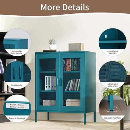 Washsemba Metal Storage Cabinet with Mesh Doors,Steel Display Cabinet with Adjustable Shelves,Metal Office Storage Locker for Home Office,Garage(Blue, 40''H)