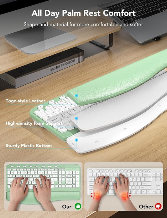 SABLUTE Wireless Keyboard and Mouse Combo, Ergonomic Wave Keys, Cushioned Plam Rest, Comfortable Silent Natural Typing, 2.4G Lag-Free, MA12 Full Size Keyboards Set for Multi-OS, Windows/Mac, Green