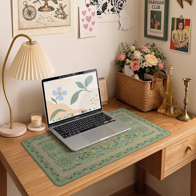 iCasso Aesthetic Flower Mouse pad for Laptop, Desk Pad Mat, Desk Matt for Desktop 13.7"x23.6", Anti-Slip Mousepad with Stitched Edges for Laptop Computer Keyboard(Light Green)