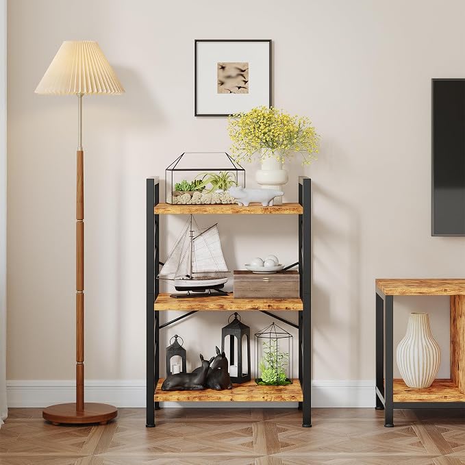 DurayLoly 3 Tier Small Bookshelf, Industrial Bookcase with Metal Frame and Sidebars, Storage Shelves for Living Room, Bedroom, Home Office and Kitchen, Rustic Brown