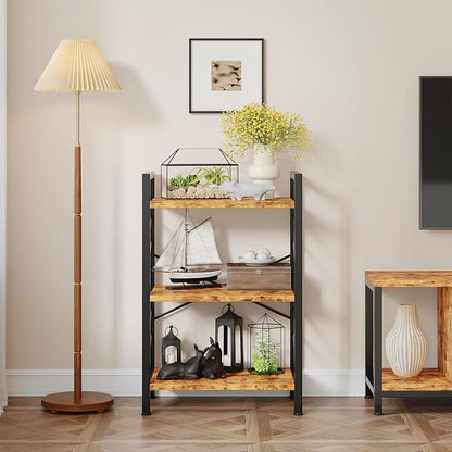DurayLoly 3 Tier Small Bookshelf, Industrial Bookcase with Metal Frame and Sidebars, Storage Shelves for Living Room, Bedroom, Home Office and Kitchen, Rustic Brown