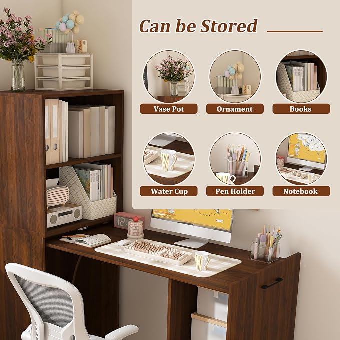Foldable Wall Mounted Desk with Storage Shelves & Blackboard, Fold-Out Convertible Writing Table for Small Spaces | Space-Saving Floating Computer Desk for Home Office (Walnut)