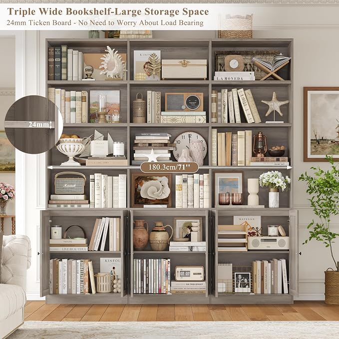 FACBOTALL 75" Triple Wide Bookshelf, Bookshelf and Bookcase with 6 Farmhouse Doors, 71" Wide 6 Tier Book Shelf with 18 Storage Shelves, Large Wooden Bookshelves, Tall Bookcase for Home Office, Gray