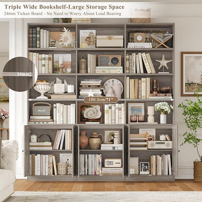 FACBOTALL 75" Triple Wide Bookshelf, Bookshelf and Bookcase with 6 Farmhouse Doors, 71" Wide 6 Tier Book Shelf with 18 Storage Shelves, Large Wooden Bookshelves, Tall Bookcase for Home Office, Gray