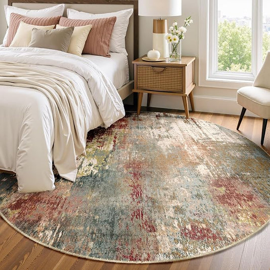 RELEANY Washable Area Rugs 6ft Non-Slip Modern Abstract Soft for Living Room Entryway Bedroom Kitchen, Print Pattern, Brown Rust Red Green Blue Multi
