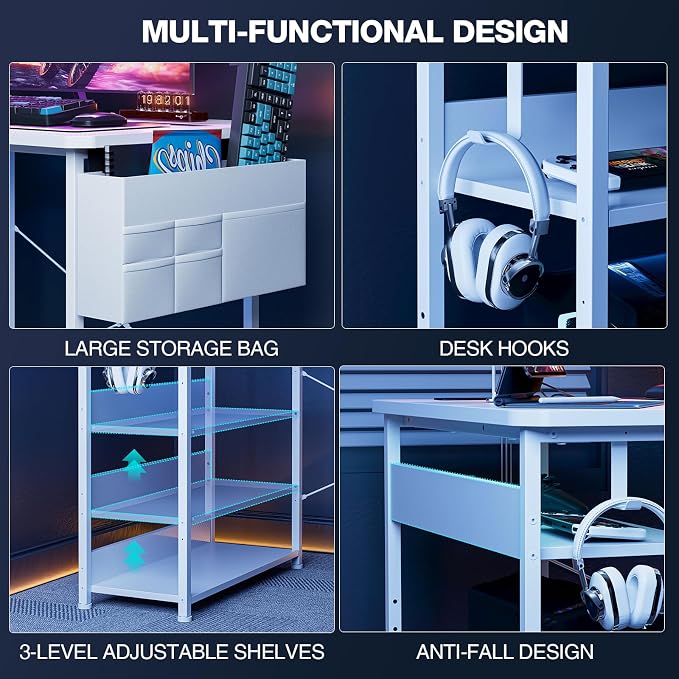 Acrolix L Shaped Gaming Desk 55 Inch - Computer Corner Desk with Power Outlets, Reversible Shelves & Storage Bag for Home Office, PC Gaming Table, White Carbon