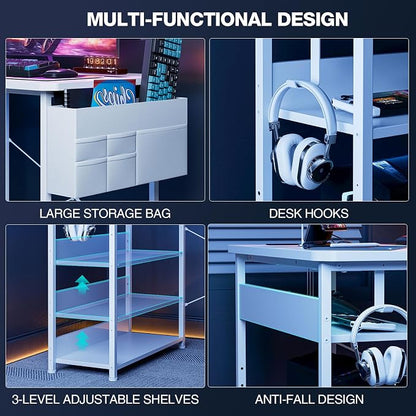 Acrolix L Shaped Gaming Desk 55 Inch - Computer Corner Desk with Power Outlets, Reversible Shelves & Storage Bag for Home Office, PC Gaming Table, White Carbon