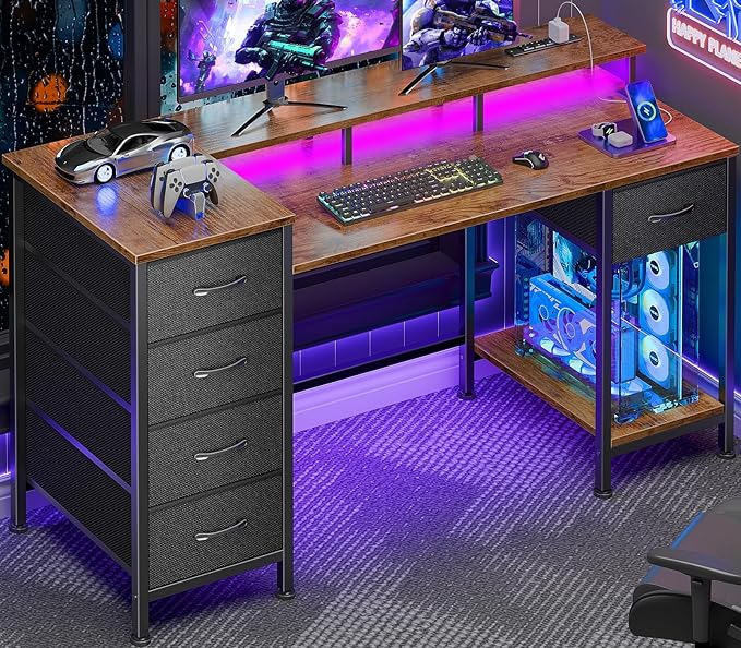 Korfile 47 Inch Gaming Desk with Power Outlets and LED Lights, Reversible Computer Desk with 5 Fabric Storage Drawers, Home Office Desk with Monitor Stand for Working Writing Study, Rustic Brown