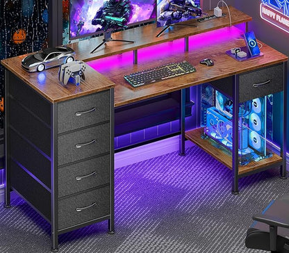 Korfile 47 Inch Gaming Desk with Power Outlets and LED Lights, Reversible Computer Desk with 5 Fabric Storage Drawers, Home Office Desk with Monitor Stand for Working Writing Study, Rustic Brown
