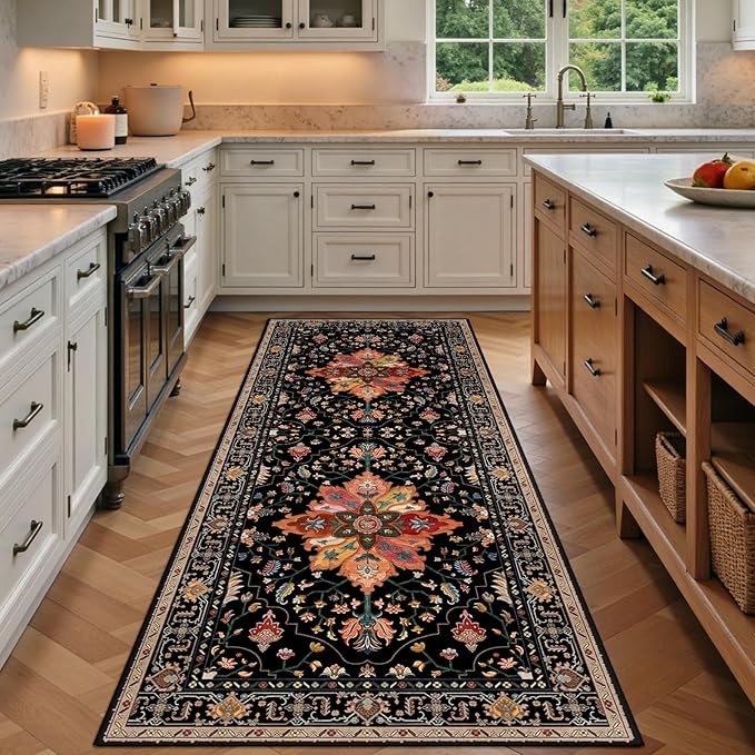 RELEANY Area Rugs Runner 3'x8' Washable Non-Slip, Floral Vintage Distress Medallion Carpet for Kitchen Hallway Bedroom Beside Laundry Room Bathroom, Black Colorful Floral Dark Tan