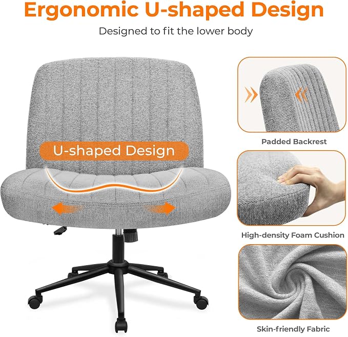 NEO CHAIR Criss Cross Chair with Wheels Armless Cross Legged Office Desk Wide Comfy Vanity Makeup Chair Adjustable Swivel Rolling Computer for Home Office Fabric (Grey)