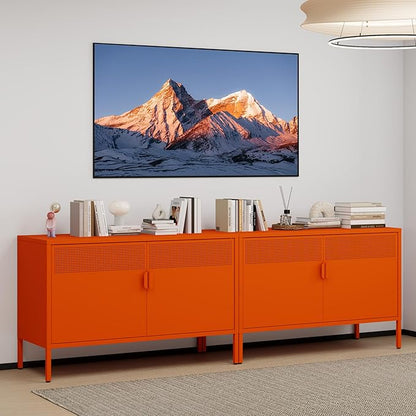 Metal Storage Cabinet with 2 Doors & Adjustable Shelves, 25" H Orange Accent Cabinet, Metal Locker Storage Cabinets, Tv Stand Cabinet for Home, Office, Living Room, Entryway