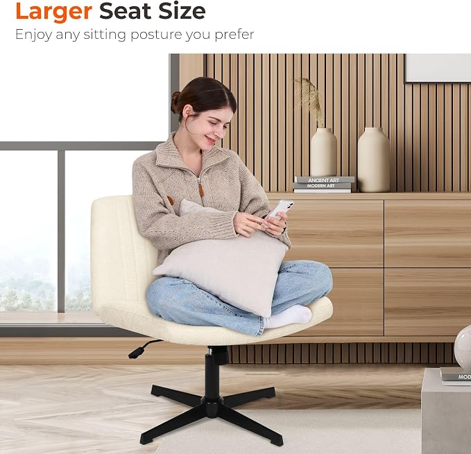 NEO CHAIR Criss Cross Chair No Wheel Vanity Desk Chair Wide Armless Cross Legged Office Comfy Makeup Adjustable Computer Task for Home Office Fabric (Beige)