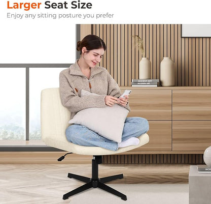 NEO CHAIR Criss Cross Chair No Wheel Vanity Desk Chair Wide Armless Cross Legged Office Comfy Makeup Adjustable Computer Task for Home Office Fabric (Beige)