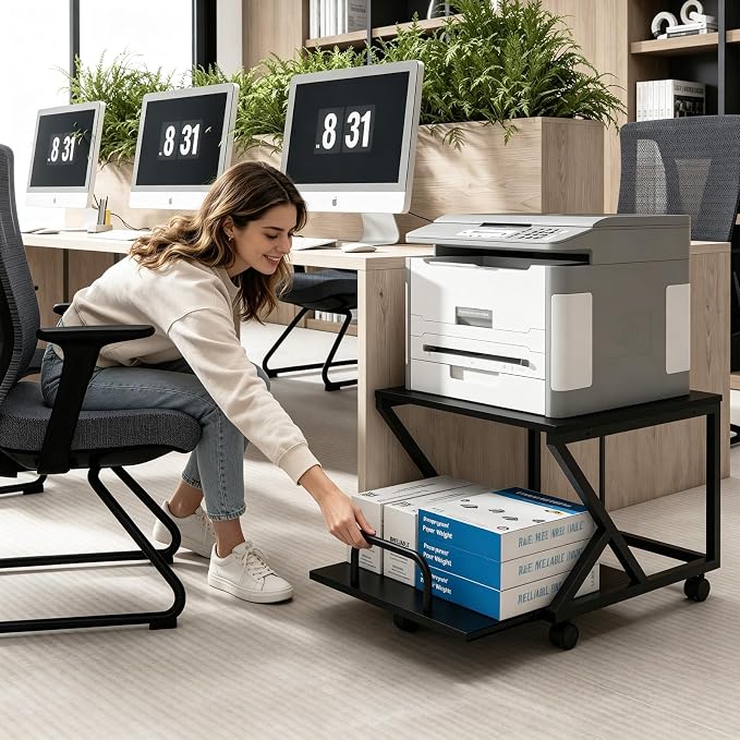 Natwind 2 Tier Printer Stand,19.7''x19.7'',with Pull Out Shelf,Black | Easy Reach for Lower Shelf Items,Rolling Printer Cart with Wheels, Fits Under Desk,Supports 180lbs,for Home Office Kitchen