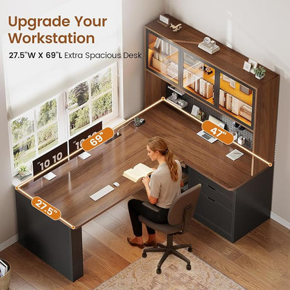 SEDETA L Shaped Office Desk, Computer Desk with 3 Wood Drawer and Large Bookshelf, L Shaped Corner Gaming Desk with LED Light, Display Cabinet and Pegboard, 27.5" W Large Desktop Table, Brown